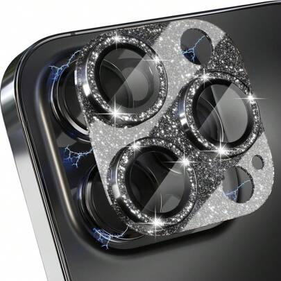 Compatible With IPhone Camera Lens Protector, Bling Camera Cover With 9H Tempered Glass Lens Screen Protector Metal Ring Decoration Accessories (Glitter-Black) Gift For Birthday, Family, Friends Sparkling Crystal, Lens Protector, Phone Accessories