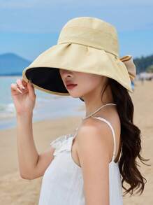 1pc Women's Letter Design Foldable Wide Brim Sun Hat, Solid Color Bowknot Bucket Hat, Suitable For Spring/Summer Outdoor Activities, Shopping, Traveling - A - View 13