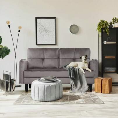 Hello-5ive 2 Seater Sofa, Modern Velvet Sofa Couch With Thicken Cushions, Comfy Loveseat Sofa For Living Room, Bedroom, Office, Apartment, Sofa 2 Seater Settee With 2 Pockets, Grey