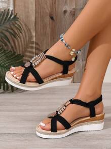Sandales compensées et à plateforme de 5,5 cm de style vintage pour femmes, sandales bohèmes noires à perles et corde de fond pour l'été 2025 , chaussures de vacances