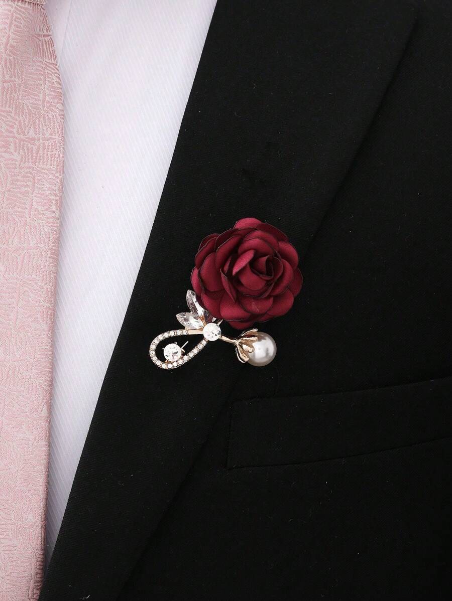 1pc Unisex Burgundy Flower Brooch With Pearl & Rhinestone Decor, Wedding Groom Bride Bridesmaid Groomsman Accessory, Suitable For Parties, Gatherings, And Daily Wear,Elegant,Party - Multicolor - View 1