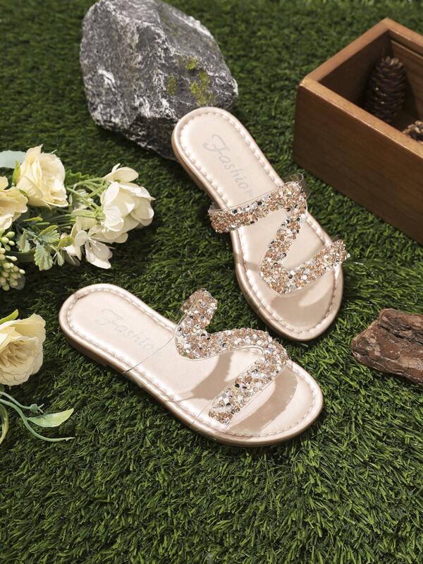 1 Pair Children Flat Round Toe PU Material Comfortable Cool Waterproof Non-Slip Slippers, Fashion Versatile Rhinestone Decor Breathable Lightweight Girls Sandals For Outdoor, Party And Home Use