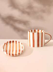 1 szt. Klasyczny ceramiczny kubek do kawy w paski i spodek, skandynawski minimalistyczny kubek w stylu retro, odpowiedni do latte, kawy, matchy, herbaty, kawy arabskiej, duża pojemność amerykańskiego kubka do kawy, świetny prezent dla przyjaciół i rodziny