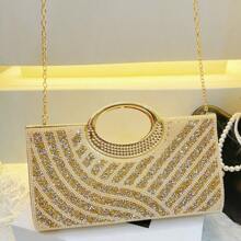 New Luxury Sparkling Clutch Bag, Small Square Purse For Women, Evening Party Bag, Bride Shoulder Bag, Fully Rhinestone Decorated - Gold - View 11