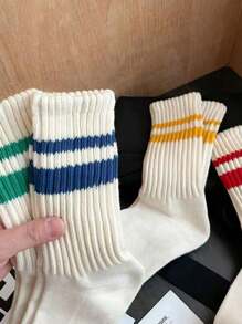 1/3/5/6 Pares de calcetines informales y versátiles de mujer con doble barra de colores
