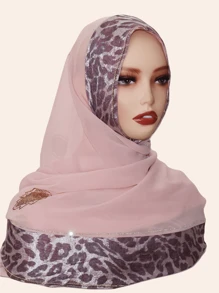 1pc Women Hijab Fashion Sequin Patchwork Leopard Print Scarf, Decorated With -Style Rhinestones, High-End Long Shawl, Suitable For Abaya