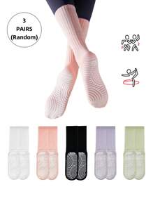 3 Pairs Women's Random Multicolor Sport Mid-Calf Socks, Fresh Color Scheme, Seamless Design For Running, Yoga, Pilates, With Silicone Gel On Sole - Multicolor - View 1