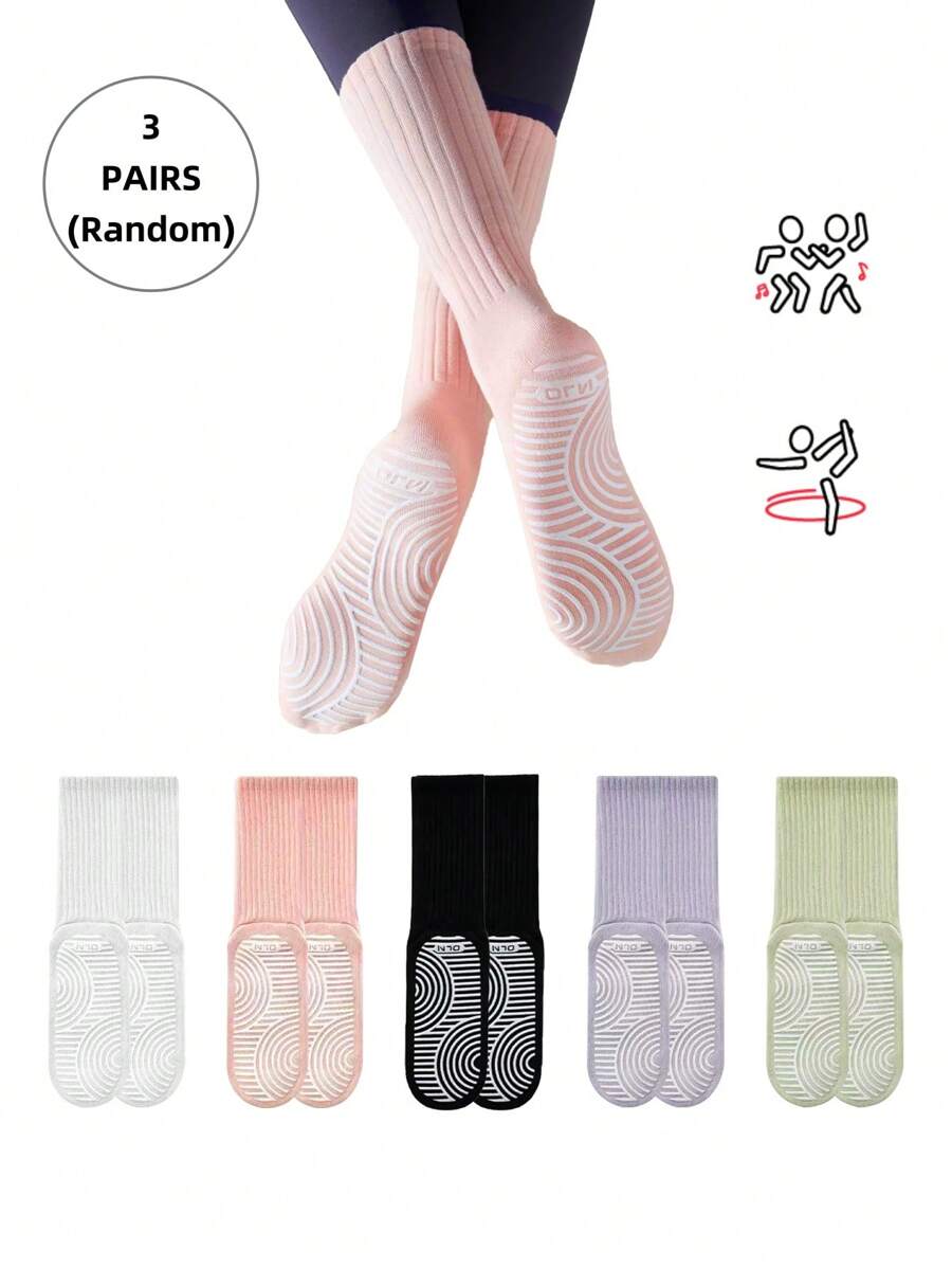 3 Pairs Women's Random Multicolor Sport Mid-Calf Socks, Fresh Color Scheme, Seamless Design For Running, Yoga, Pilates, With Silicone Gel On Sole - Multicolor - View 1