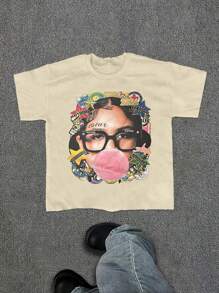 Y2K Style Fashion Star Pattern T-Shirt Harajuku Hip-Hop Street Clothing, Retro Letter Print Round Collar Short-Sleeved T-Shirt, Unisex T-Shirt, Hip-Hop Street Regular Fit Casual Sports T-Shirt - 米色 - 查看 1