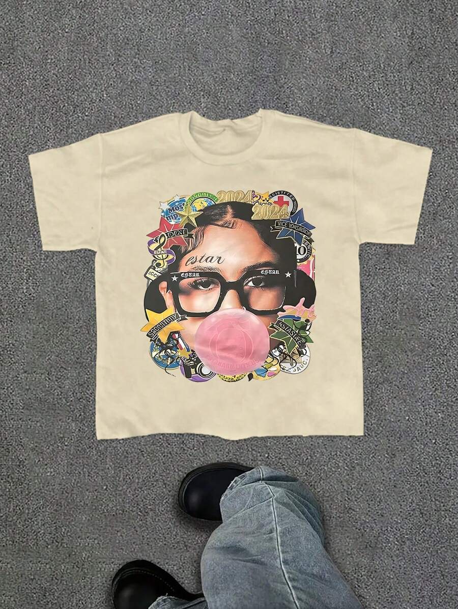 Y2K Style Fashion Star Pattern T-Shirt Harajuku Hip-Hop Street Clothing, Retro Letter Print Round Collar Short-Sleeved T-Shirt, Unisex T-Shirt, Hip-Hop Street Regular Fit Casual Sports T-Shirt - 米色 - 查看 1
