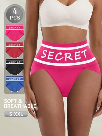 4 Pcs Fashion Color Collision Letter Style Triangle Panties, Comfortable Skin-Friendly High-Waisted Panties, Suitable For Sports And Fitness Wear