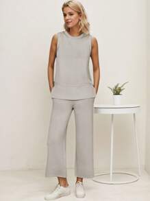 SANOPY Women's 2 Piece Sets Sleeveless Wide Leg Tracksuits Casual Sweatsuits Lounge Sets - 卡其色 - 查看 3