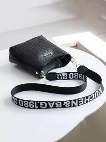 1pc Alligator Pattern Bucket Bag, Wide Strap Crossbody Bag, Mini Diagonal Shoulder Handbag Wallet For Women, Daily, Date, Travel - Black - View 8