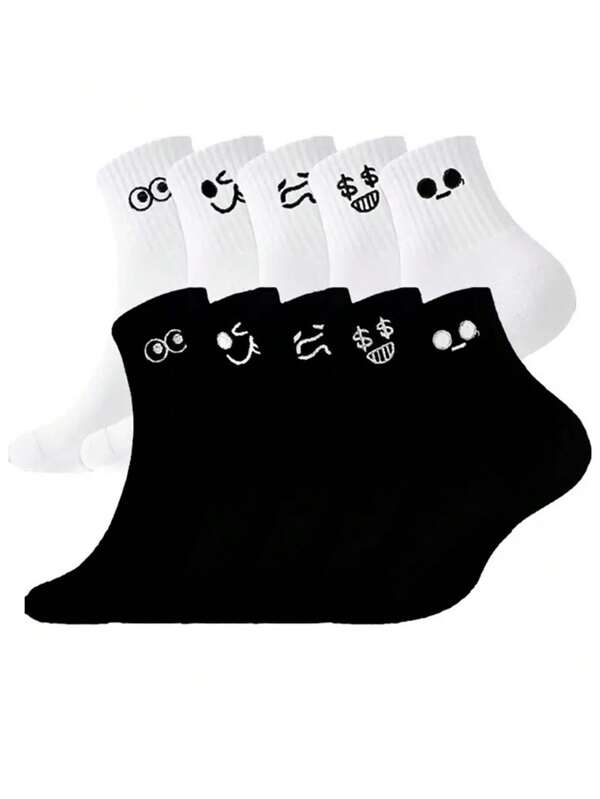 Sports Outdoor 5 Pairs Of Cartoon Expression Printed Casual Mid Length Socks For Couples