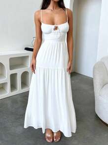 WOWDARK Women's Fashionable Sexy Spaghetti Strap Backless A-Line Vacation Dress, Autumn - White - View 3