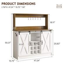 47" Farmhouse Coffee Bar Cabinet With 9 Racks,Wine Bar With 6 Hooks, Sliding Barn Door And Adjustable Shelves,White/Grey/Dark Oak