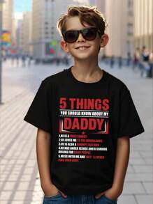 年轻男孩口号印花圆领休闲短袖 T 恤 - 黑色 - 查看 1