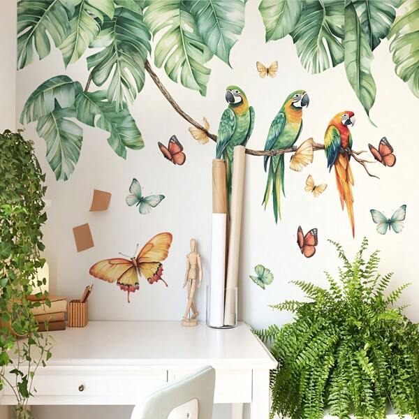 1 Set Tropical Palm Leaves Parrot Bird Wall Stickers Decals,Plants Nature Woodland,For Bedroom, Living Room, Home Decoration