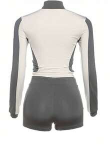 Urban Casual Stand Collar Patchwork Contrast Zipper Slim Fit Sports Shorts Set - Grey - View 3