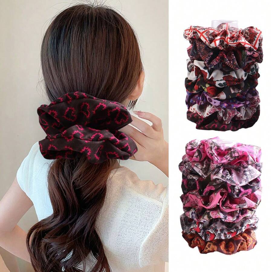 1pc/14pcs Flower Print Party Nylon Scrunchies, High-End Sweet Oversized Hair Ties For Women, Ponytail Holder, Hair Accessories - Multicolor - View 1