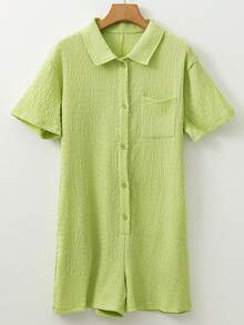 Acelitt Mono de camisa de manga corta con bolsillo y pantalón corto de mujer en color verde neón texturizado - Verde - Ver 5
