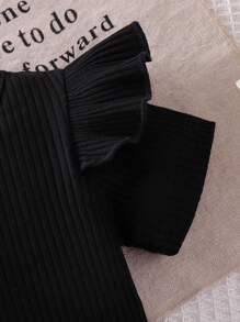 Baby Girl 3pcs Set: Black Ribbed Cap Sleeve Shirt, Butterfly Decor Elastic Waist Denim Skirt And Hair Tie Suit