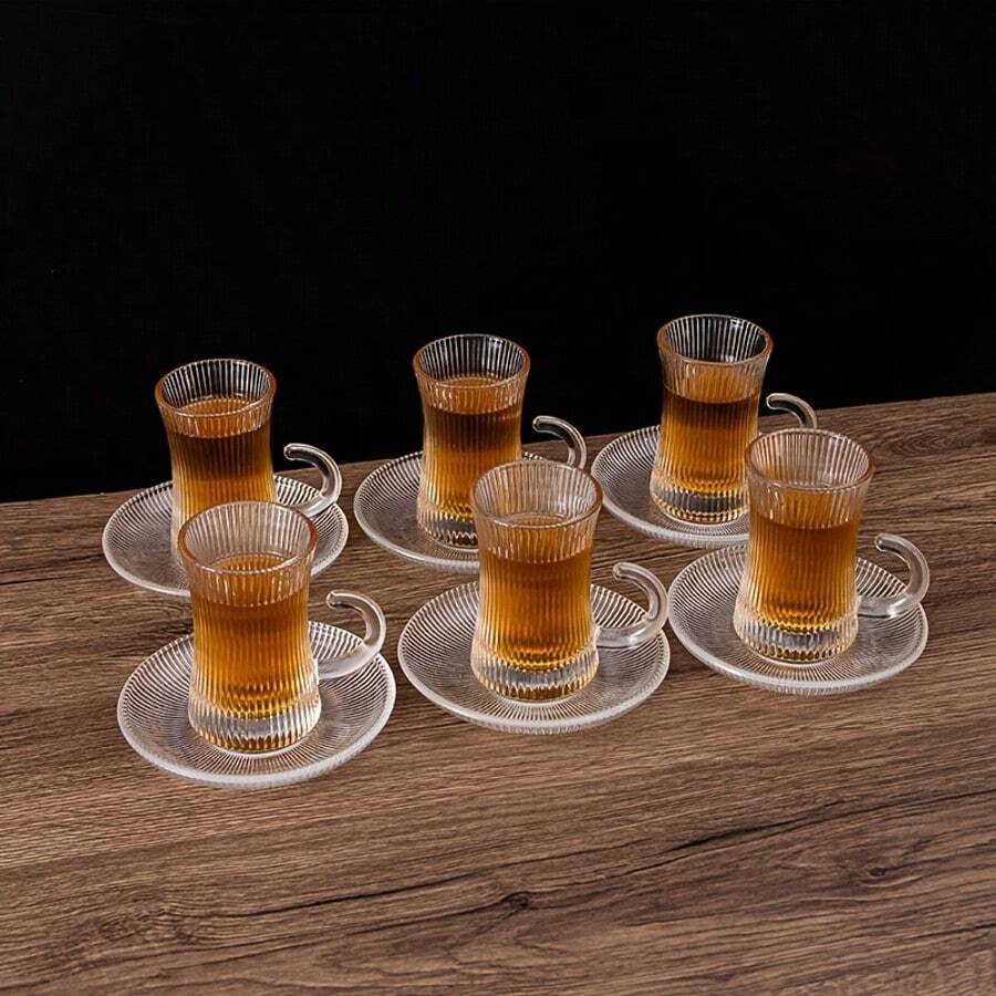 1 套，欧式玻璃餐具套装，玻璃杯碟，马克杯碟，家用水杯，花茶杯，6 杯 6 碟（带勺子），复古浮雕杯碟 - 彩色 - 查看 1