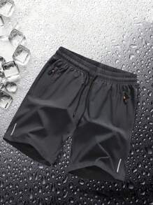 男士休闲运动短裤，带隐藏口袋、拉链、反光条纹、印花设计、透气健身短裤、户外沙滩短裤 - 灰色 - 查看 2