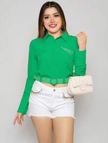 Camisa casual lisa con bolsillo de pedrería y cinturón para mujer de moda - Verde - Ver 2