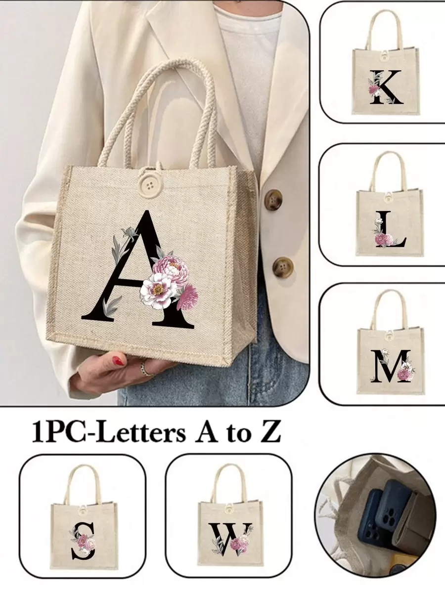 1pc Linen Floral & Letter Print Tote Bag, Minimalist Large Capacity Handbag, Portable Casual Storage Bag, Multifunctional Shopping Bag, Personalized Gift Bag, Suitable For Weddings, Birthdays, Beaches, Holidays, Perfect Gift For Girls, Teachers, Friends, Bridesmaids, Students, And Back-To-School, Also The Best Christmas Gift For Teachers