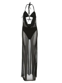 Women's Sexy Three Piece Set Deep Draped Neck Hollow-Out Draped Neck Mesh Fitted Long Dress Birthday Party Beach Swimsuit Cover Up - 黑色 - 查看 3