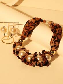 3pcs/Set Beaded Fabric Leopard Print Faux Pearl Circle Necklace & Earring Jewelry Set, Suitable For Women's Evening Party, Gathering, Vacation And Daily Wear