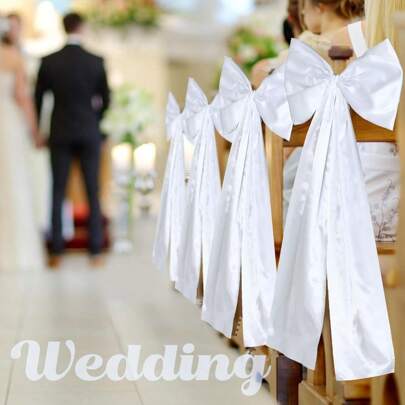 2pcs White Pink Satin Ribbon, Wedding Chair Back Bow Decoration, Wedding Banquet Chair Cover Back Flower Bow Silk Scarf, Chair Back Flower Satin Streamer, Wedding Road Guide Decoration, Large Wedding Bench Bow, DIY Ribbon Bow, Wedding Aisle Decoration For Bridal Showers, Receptions, Wedding Ceremonies With Long Tail