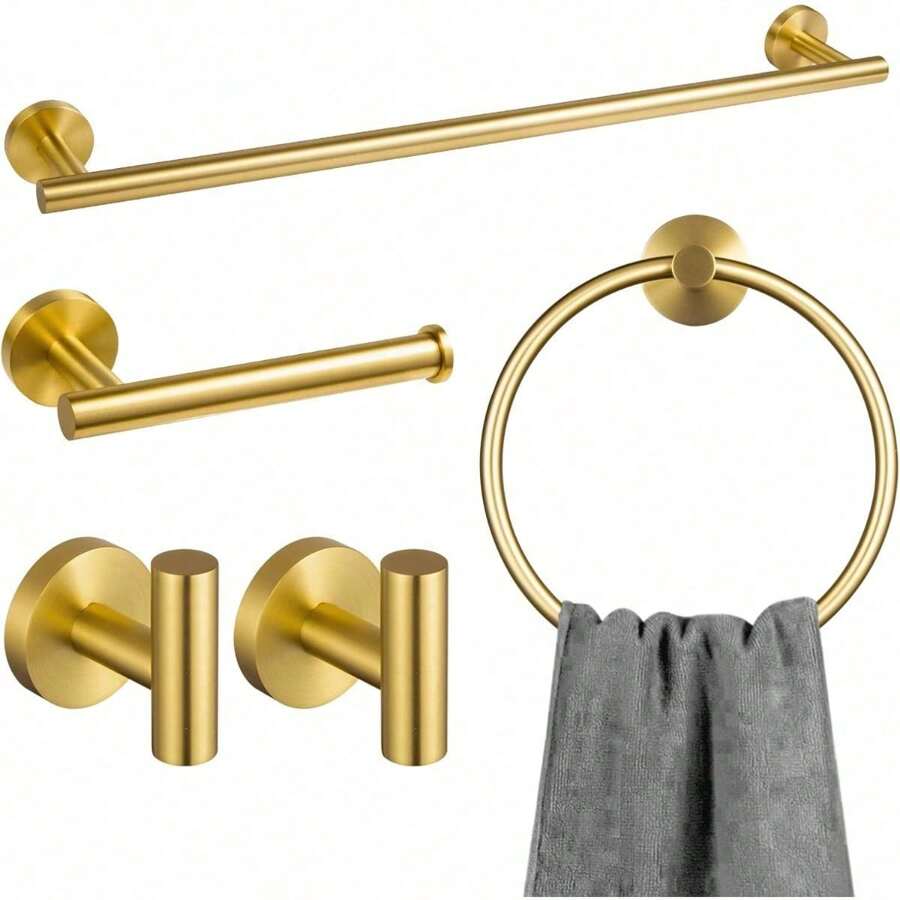 5-Piece Bronze Gold Bathroom Hardware Accessories Set, Gold Towel Bar Towel Holder Set Towel Rack Set Stainless Steel Wall Mounted, 23.6 Inch