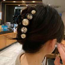 1pc New Pearl Crystal Rhinestone Hair Claw, Oversized Shiny Hair Claw Clips - Black - View 7