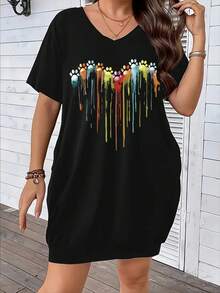 Vestido camiseta informal de talla grande para mujer de unicolor con cuello en V y manga corta