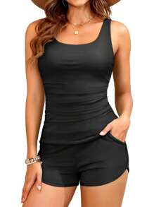 纯色 Tankini 比基尼泳装，适合度假海滩 - 黑色 - 查看 1