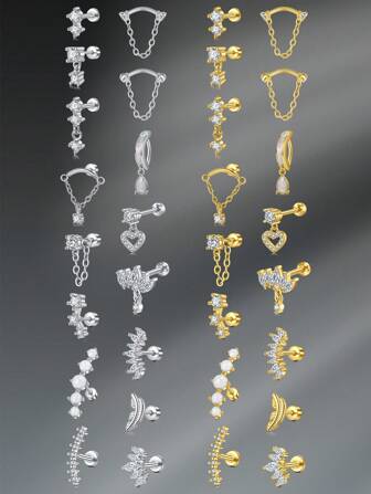 CIZME 1PC Stack Cartilage Piercing Earrings Set, Gold Silver Cubic Zirconia Cartilage Earrings, Lip Rings, Stud Piercing Jewelry For Cartilage/Tragus/Helix/Conch, Stainless Steel Helix Tragus Cartilage Earring For Women