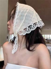 1 pièce Foulard en dentelle florale vintage pour fille, foulard décoratif beige de style français, foulard en soie rétro rural, bandana pour cheveux de printemps/été