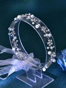 1pc Women's Fashion Elegant Faux Pearl Rhinestone Hair Band, Bridal Wedding Hair Accessory, Suitable For Banquet, Party, Celebration - Silver - View 9