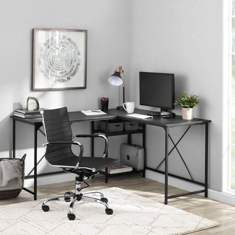 Mainstays Two-Way Convertible Desk With Lower Storage Shelf, White Finish And Black Metal Frame - Black - View 1