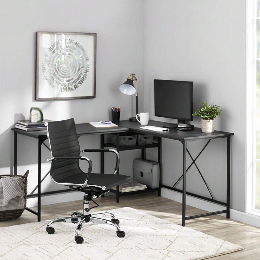 Mainstays Two-Way Convertible Desk With Lower Storage Shelf, White Finish And Black Metal Frame - Black - View 1