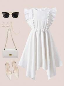 1 pieza Vestido elegante de niña con volantes, bajo asimétrico y flecos, de tela arrugada blanca, para verano - Blanco - Ver 2