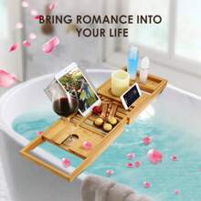 1Pc Extendable Bamboo Bathtub Caddy Tray Table, Bath Reading Tray Rack, Tablet Phone Wine Glass Holder Bathroom Decor Summer Back To School