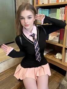 1pc Retro School Style Cosplay Outfit, Contrast Color 2 In 1 Long Sleeve Dress + Tie Student Uniform Set, Suitable For Graduation Photos, Bar/Club Parties, Dates, Valentine's Day - Black - View 4