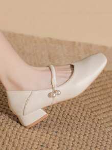 女士方头粗跟系带玛丽珍鞋，2025年春季新款低帮鞋，甜美优雅浅口鞋，米色高跟鞋 - 米色 - 查看 5