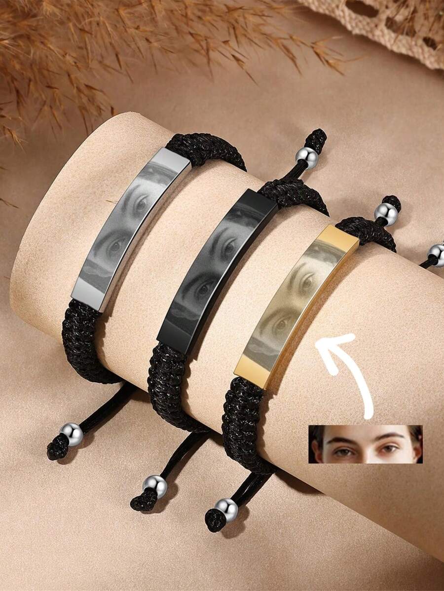 Personalized Couple Photo Bracelet, Custom Eye Photo Bracelet, Adjustable Couple Eye Photo Bracelet, Men's Black Photo Bracelet, Stainless Steel Laser Engraved Image Bracelet, Black Braided Photo Bracelet, Photo Gift For Boyfriend, Women's Photo Bracelet - Silver - View 1