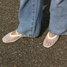 Rihero Women's Breathable Mesh Ballet Flats With Square Toe And Adjustable Buckle Strap - Casual Fishnet Design Flat Shoes - 白色 - 查看 2