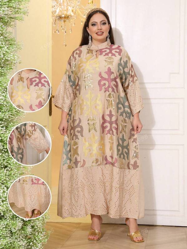 Vestido abaya de talla grande elegante con bordados y decoración con lentejuelas para mujeres, de cuello en V de lujo, primavera-verano 2025, Ramadán, Eid Al Adha, Modesto Kaftan