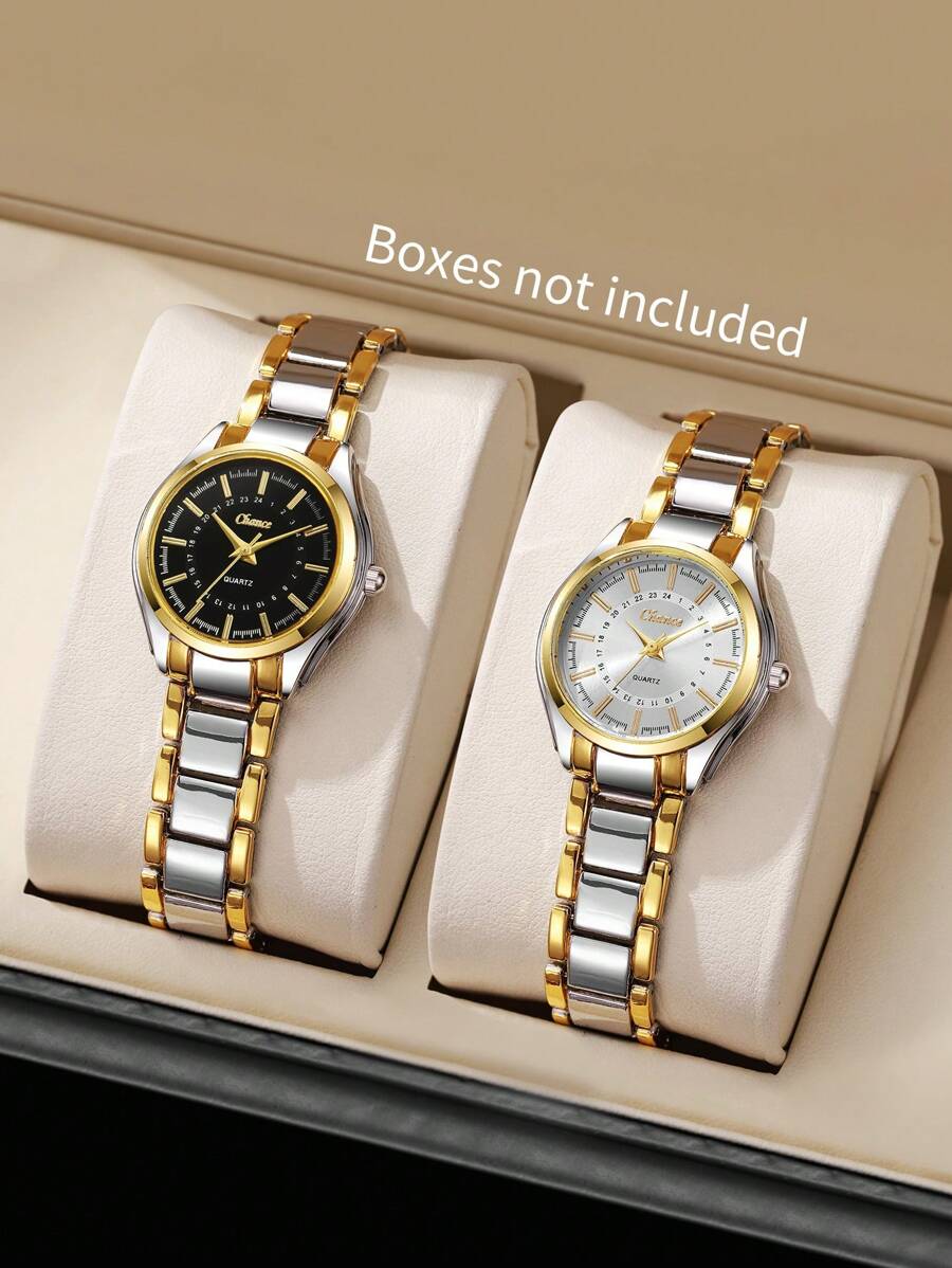 2 件/套女士优雅时尚数字刻度小表盘休闲石英腕表配钢带 - 彩色 - 查看 1
